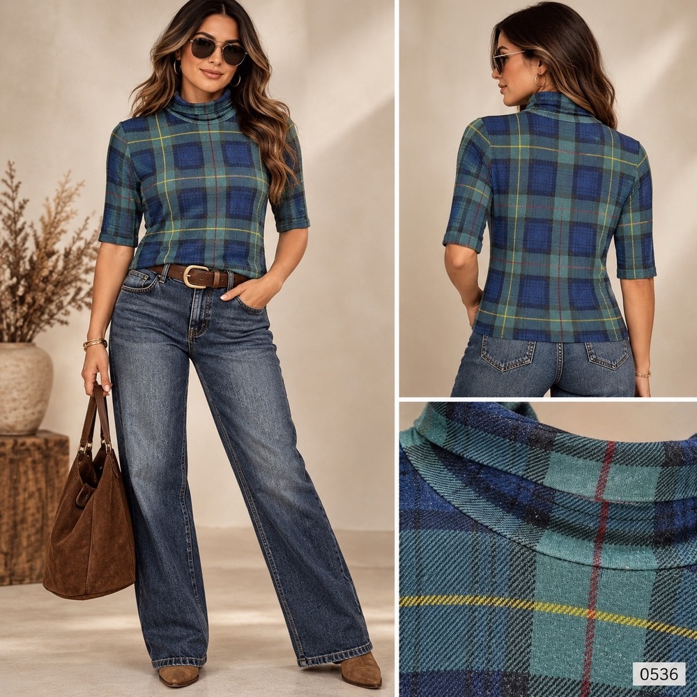 Lauren Ralph Lauren Blue Green Plaid Turtleneck Elbow Sleeve Top Large 0536